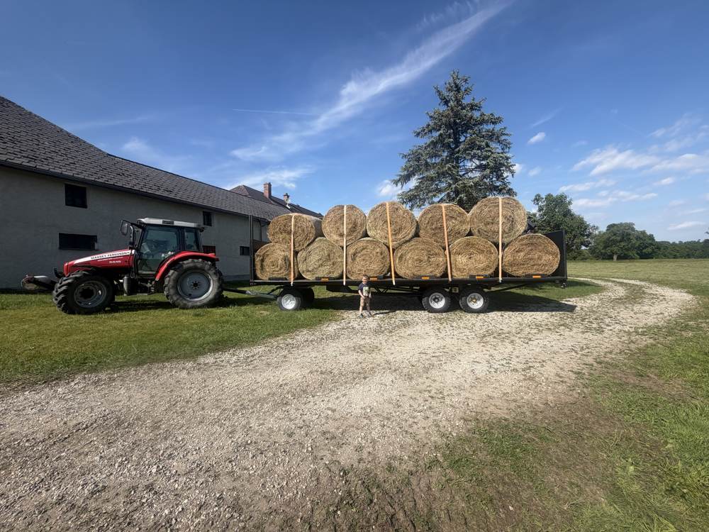 Traktor mit Anhänger voller Rundballen vor dem Stall
